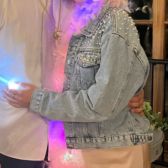 Denim Collared Pearl Studded Jacket with Buttons and Pockets - Picture 8 of 8